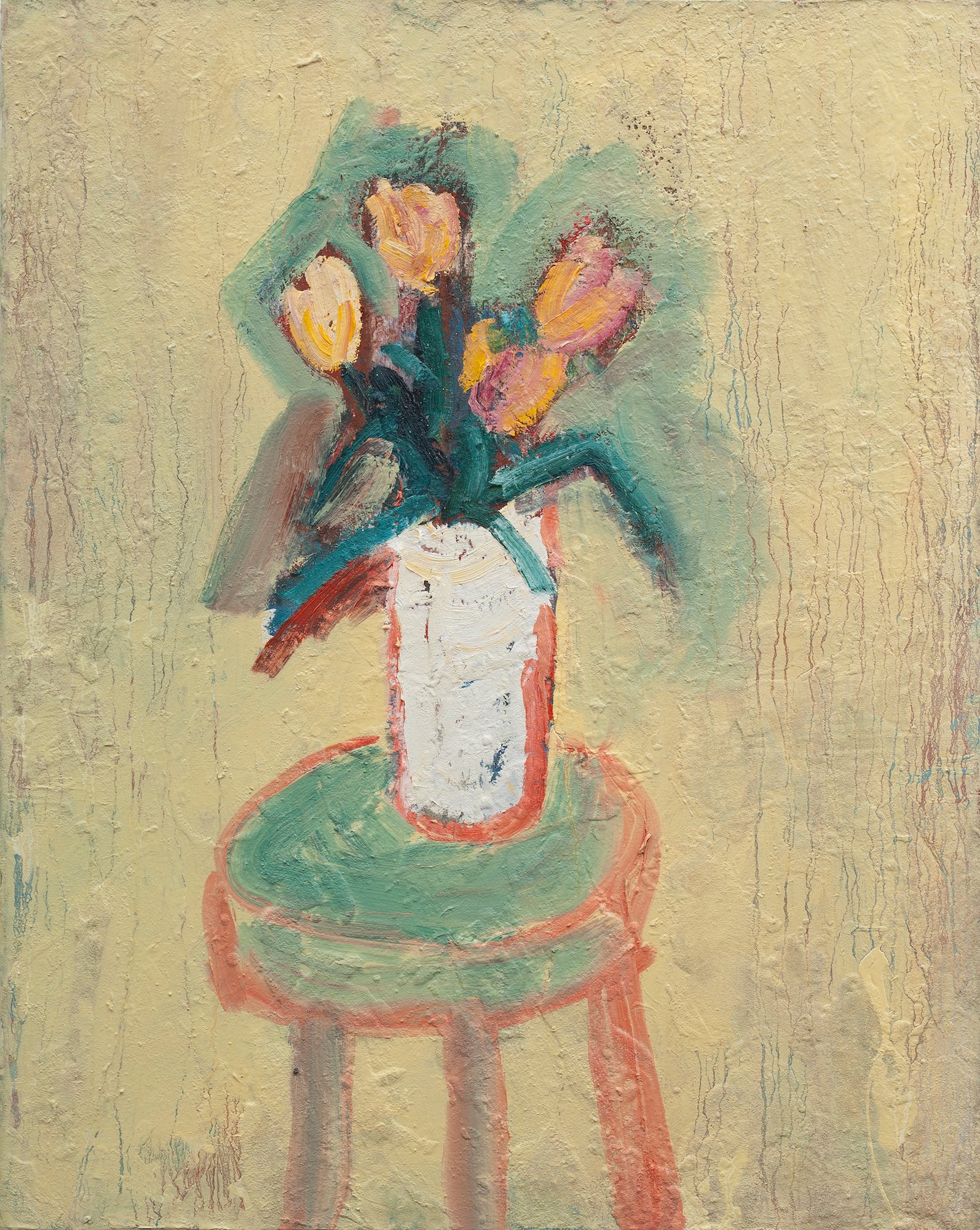 Tulips in White Vase on Stool