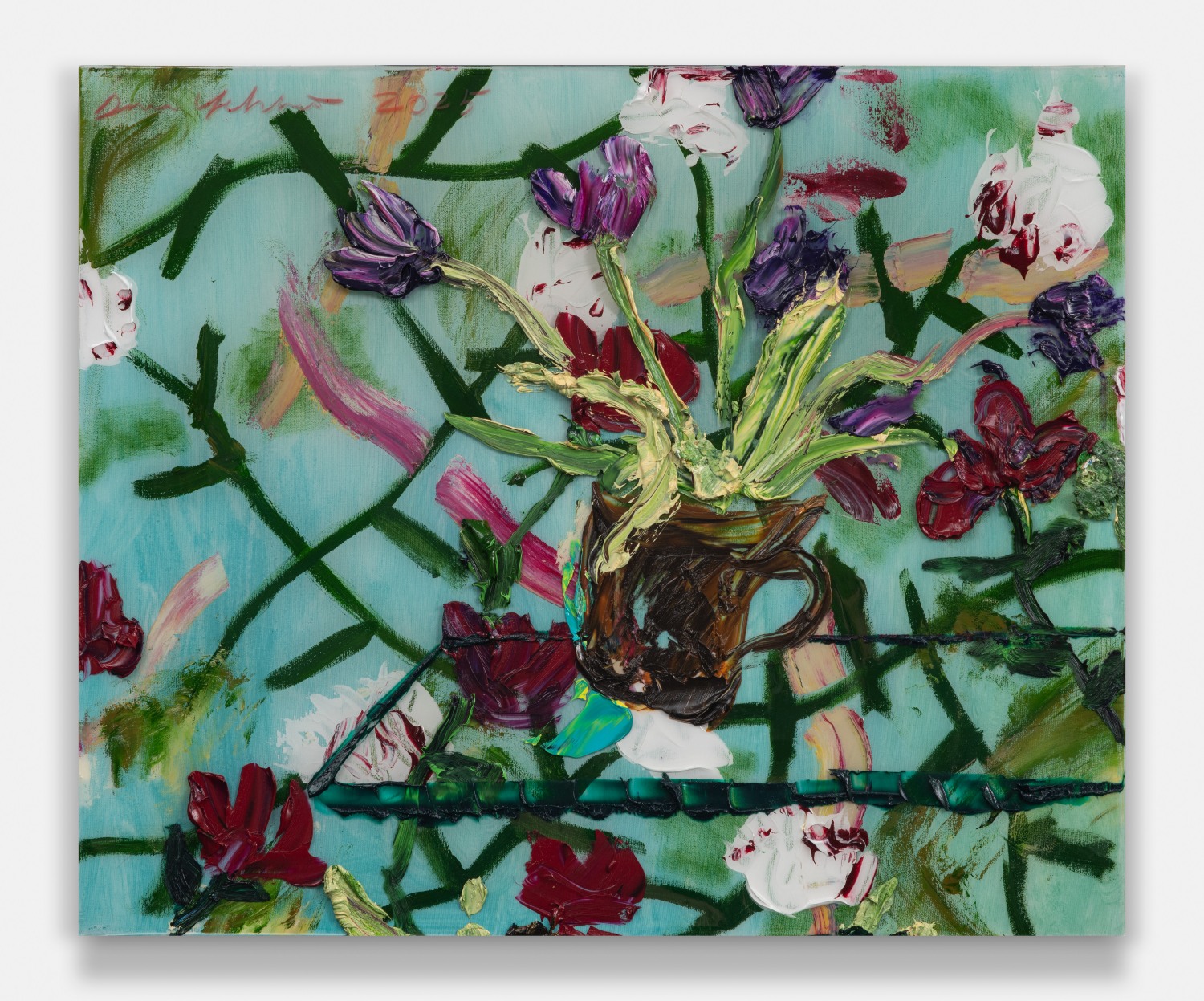 Glass Table With Tulips Over Falling Roses