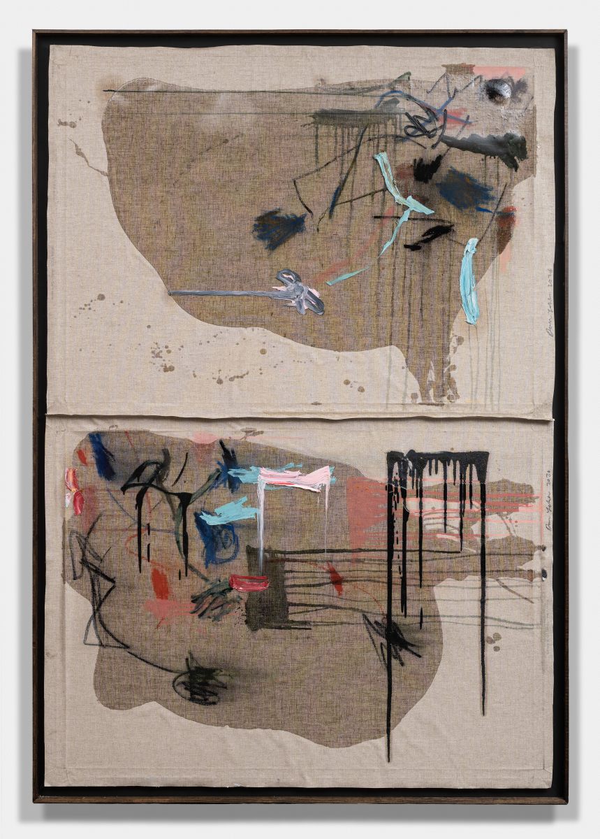 Twice : stretched, painted, poured, unstretched, painted, attached