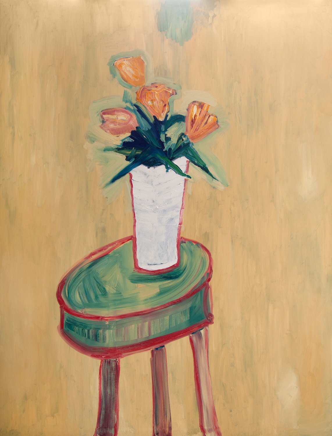 Large Tulips in White Vase on Stool