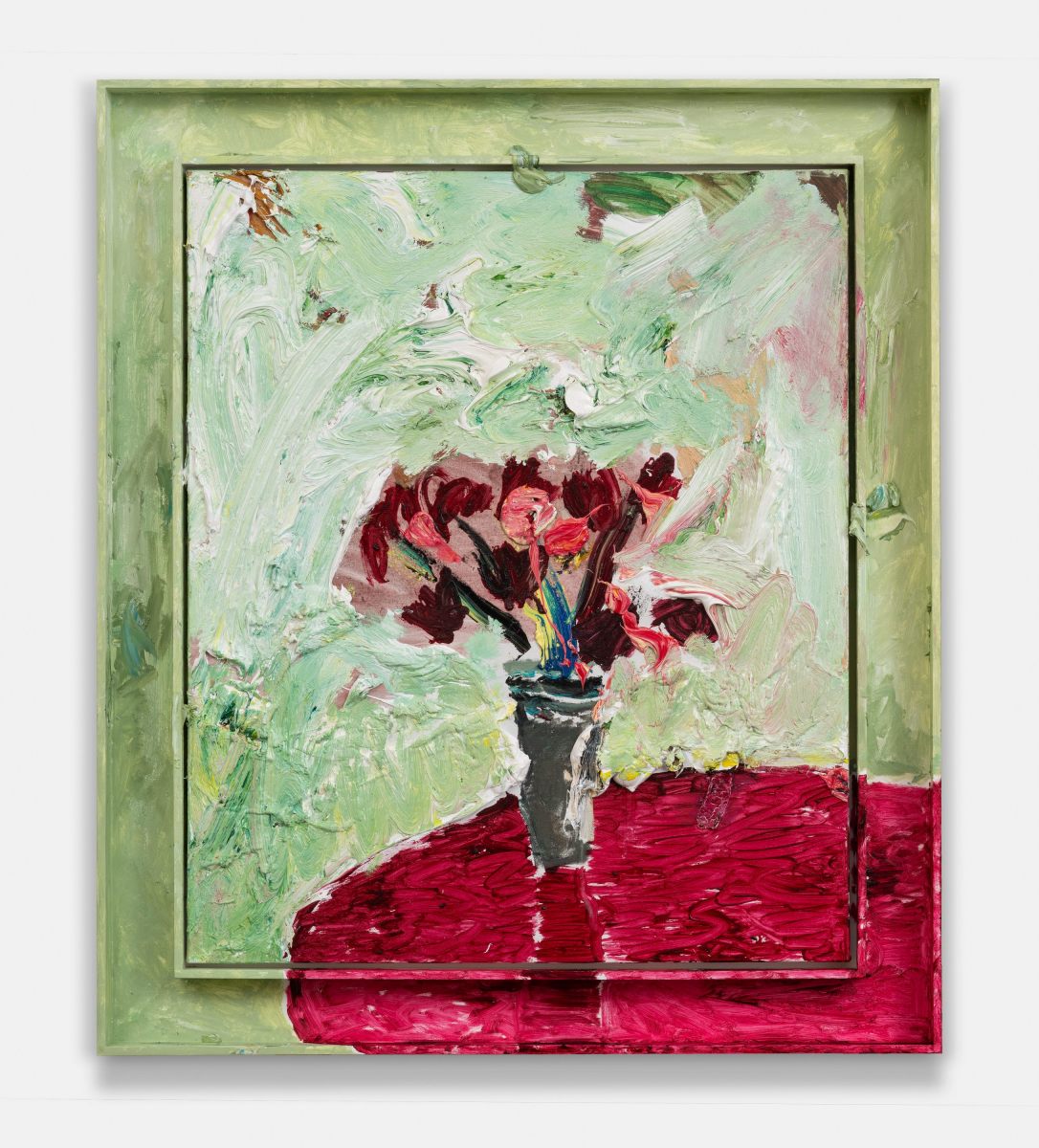 Green Room Flowers on Red Table