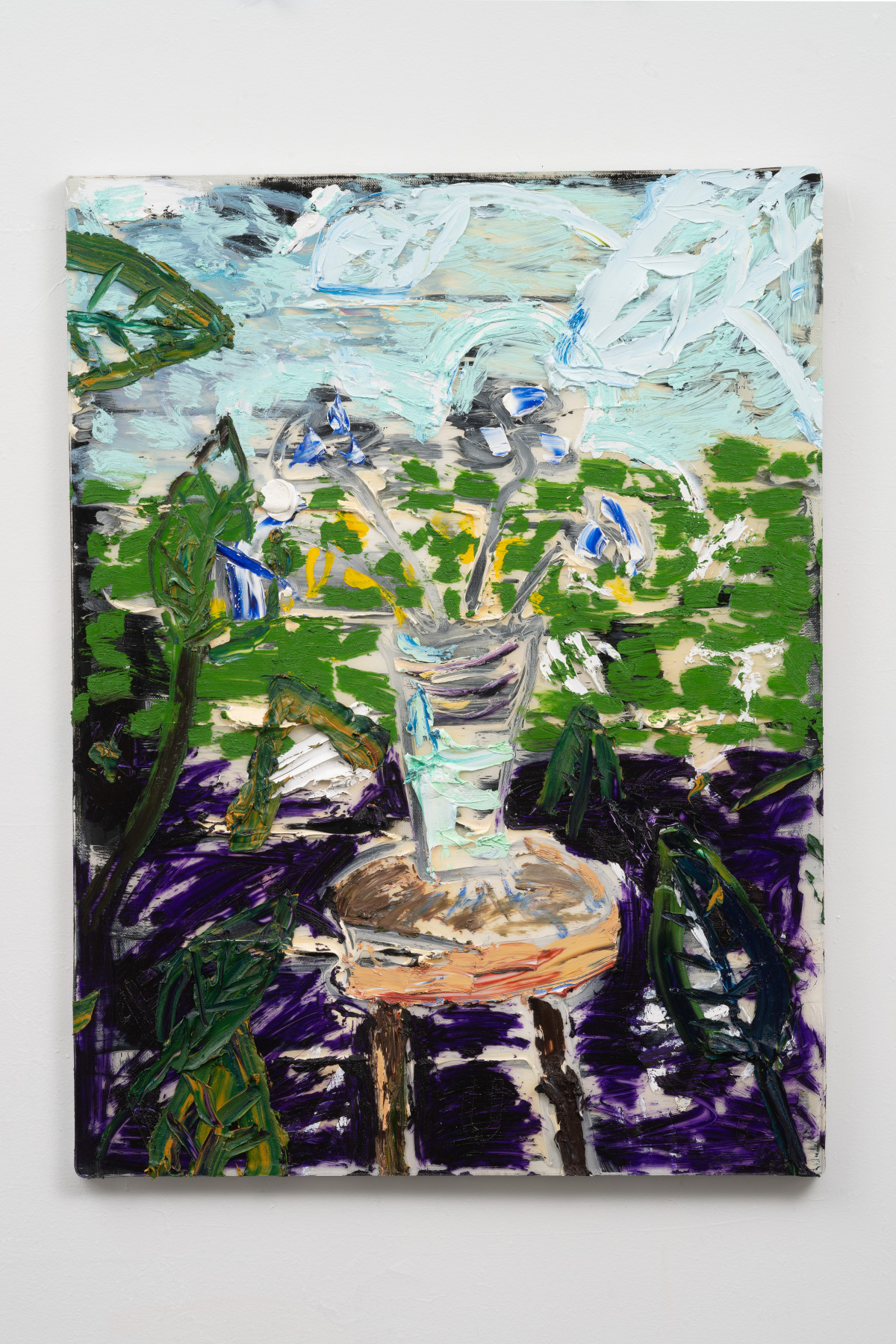 "Blue Flowers in Blue Vase On Stool"
