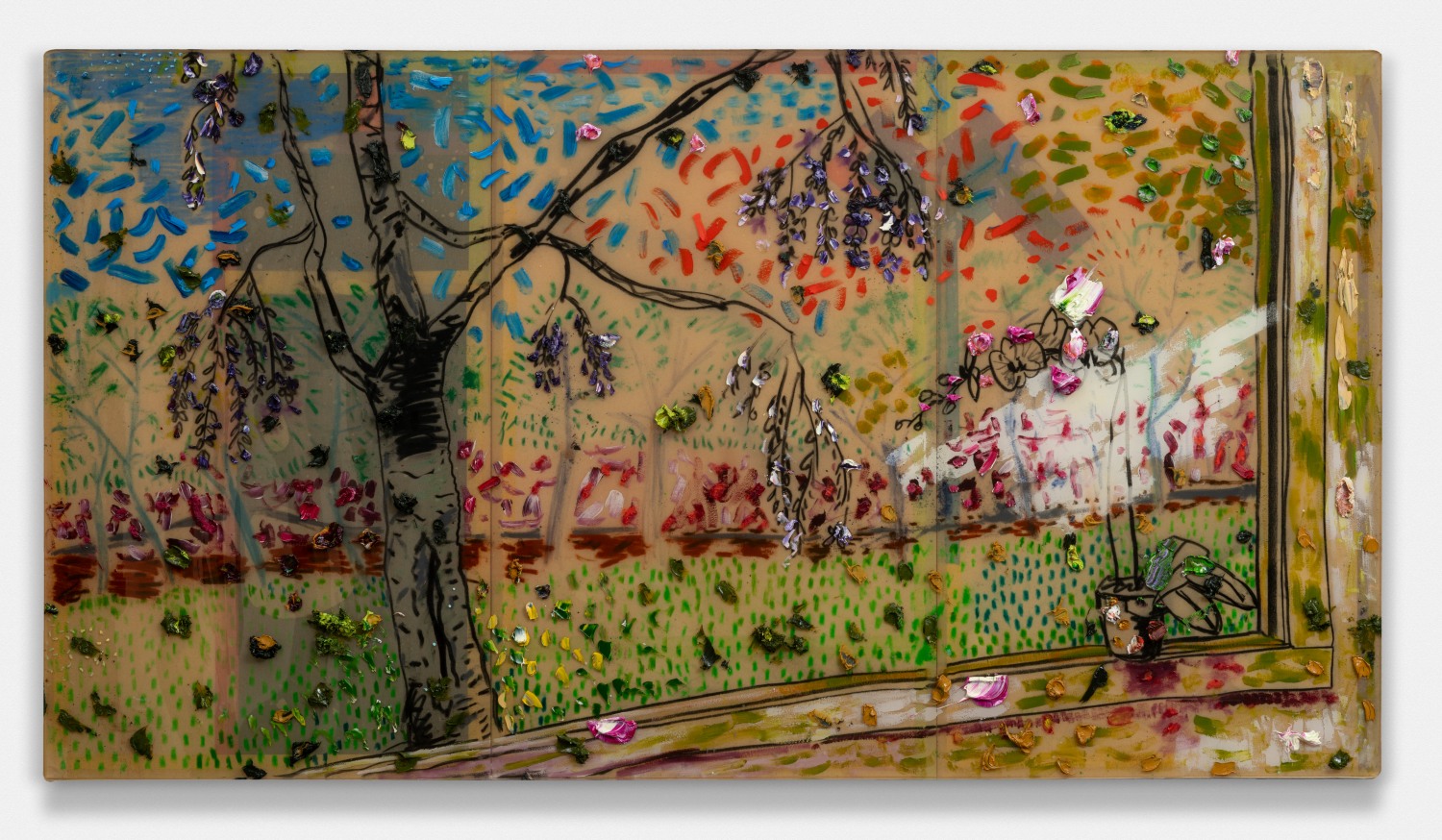 Orchid On Edge Of Window With Weeping Tree