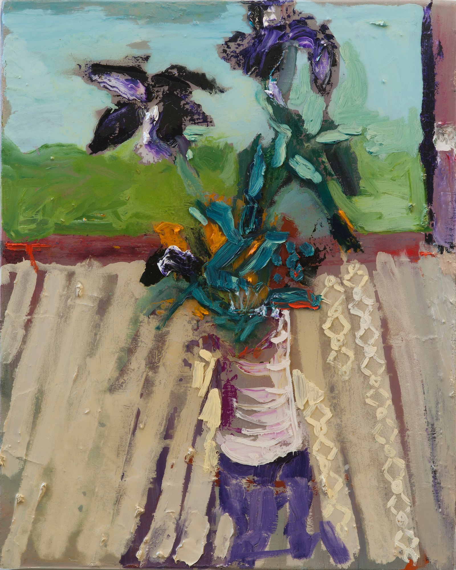 Bearded Iris on Striped Tablecloth