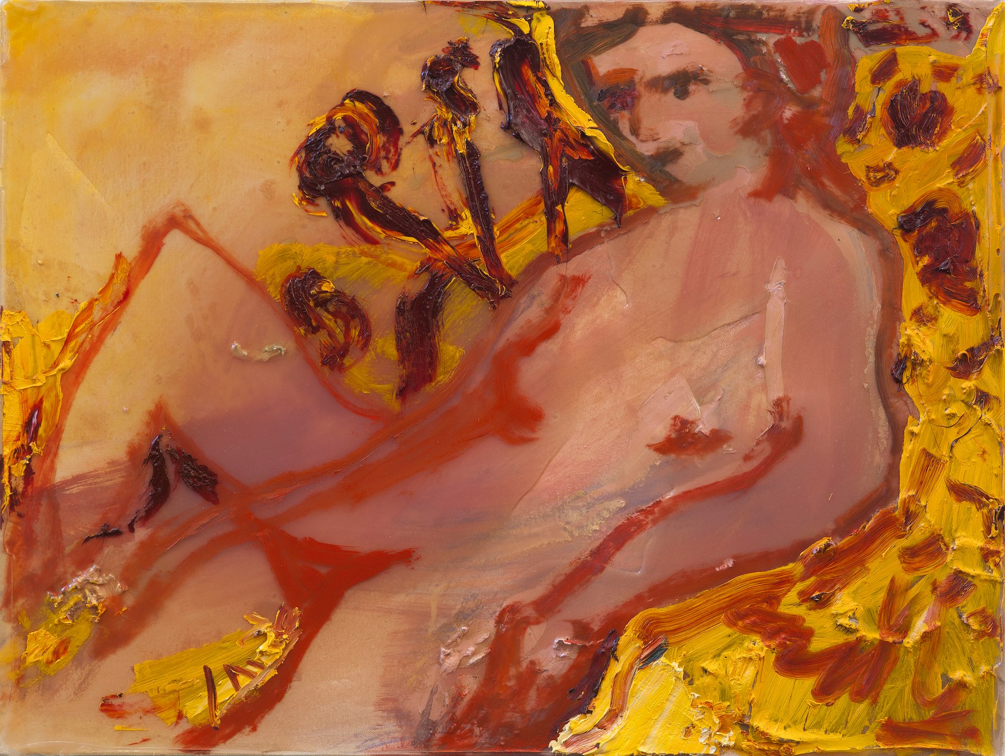Yellow Nude With Red Flowers