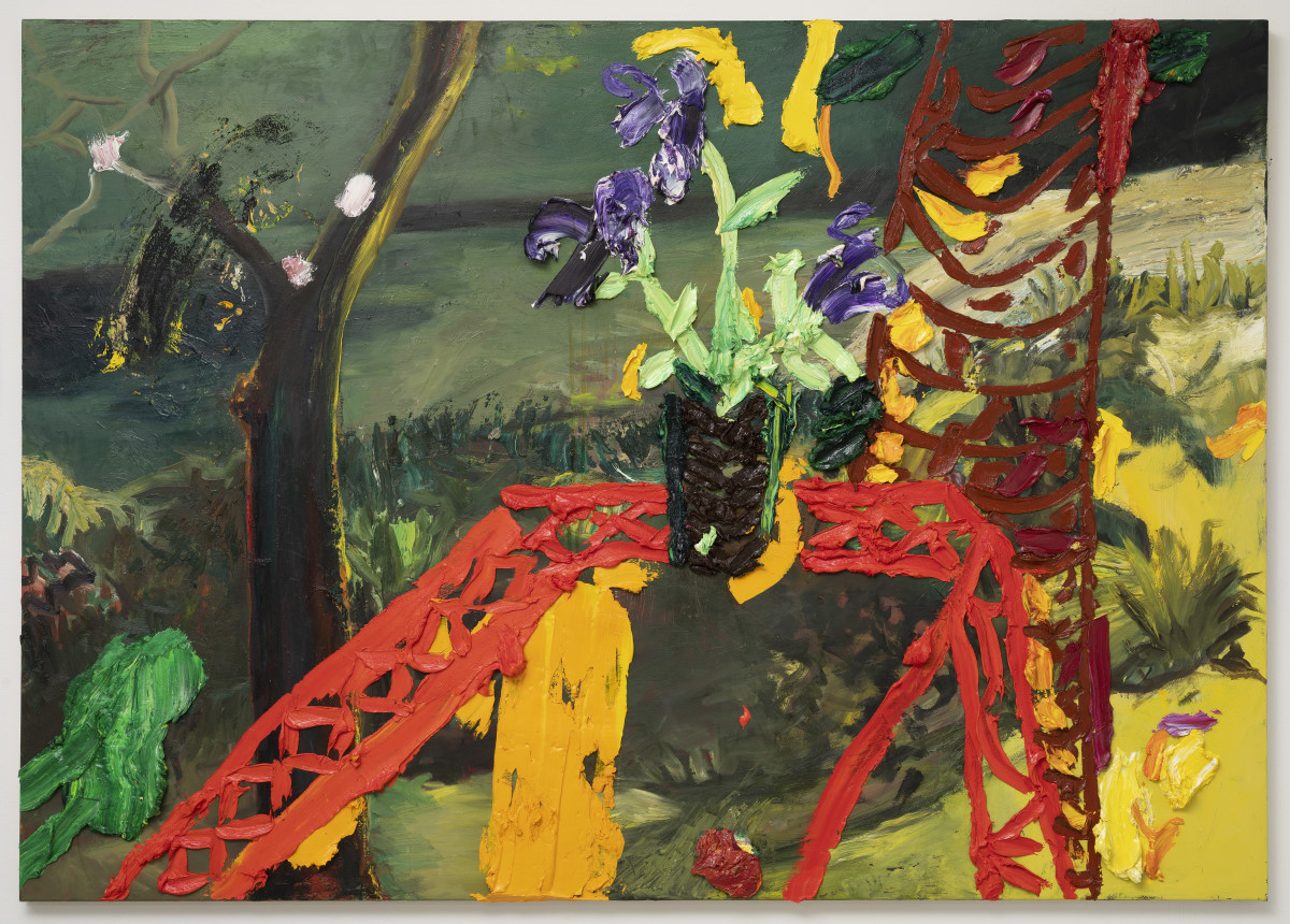 Irises on Red Bordered Table