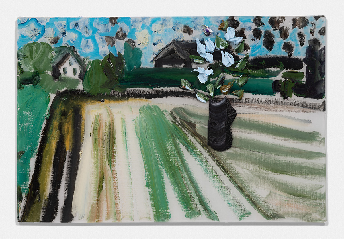 Blue Flowers In Black Vase