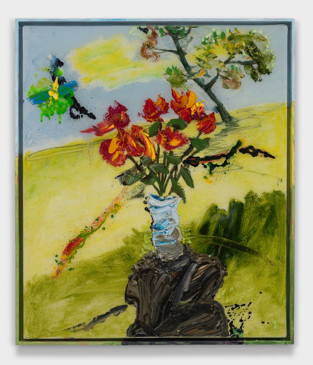 Sunset Roses In Blue Vase On Rock