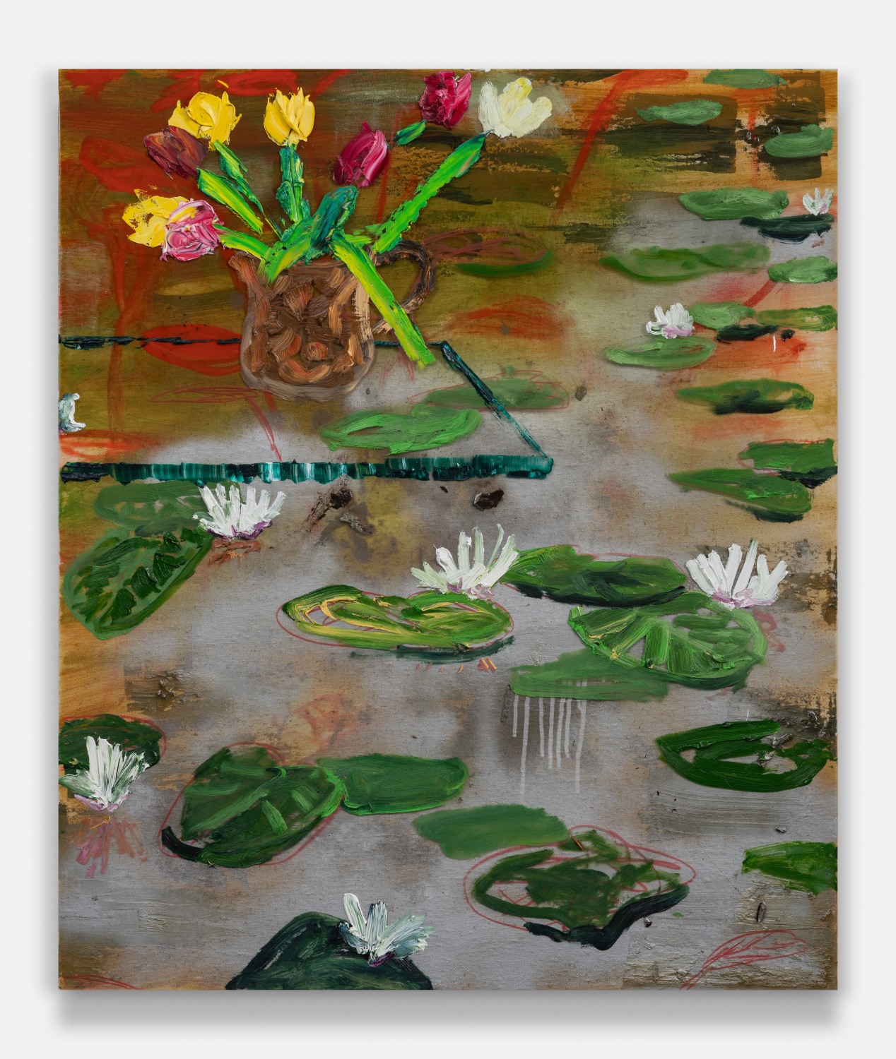 Glass Table With Tulips Over Silver Pond 2